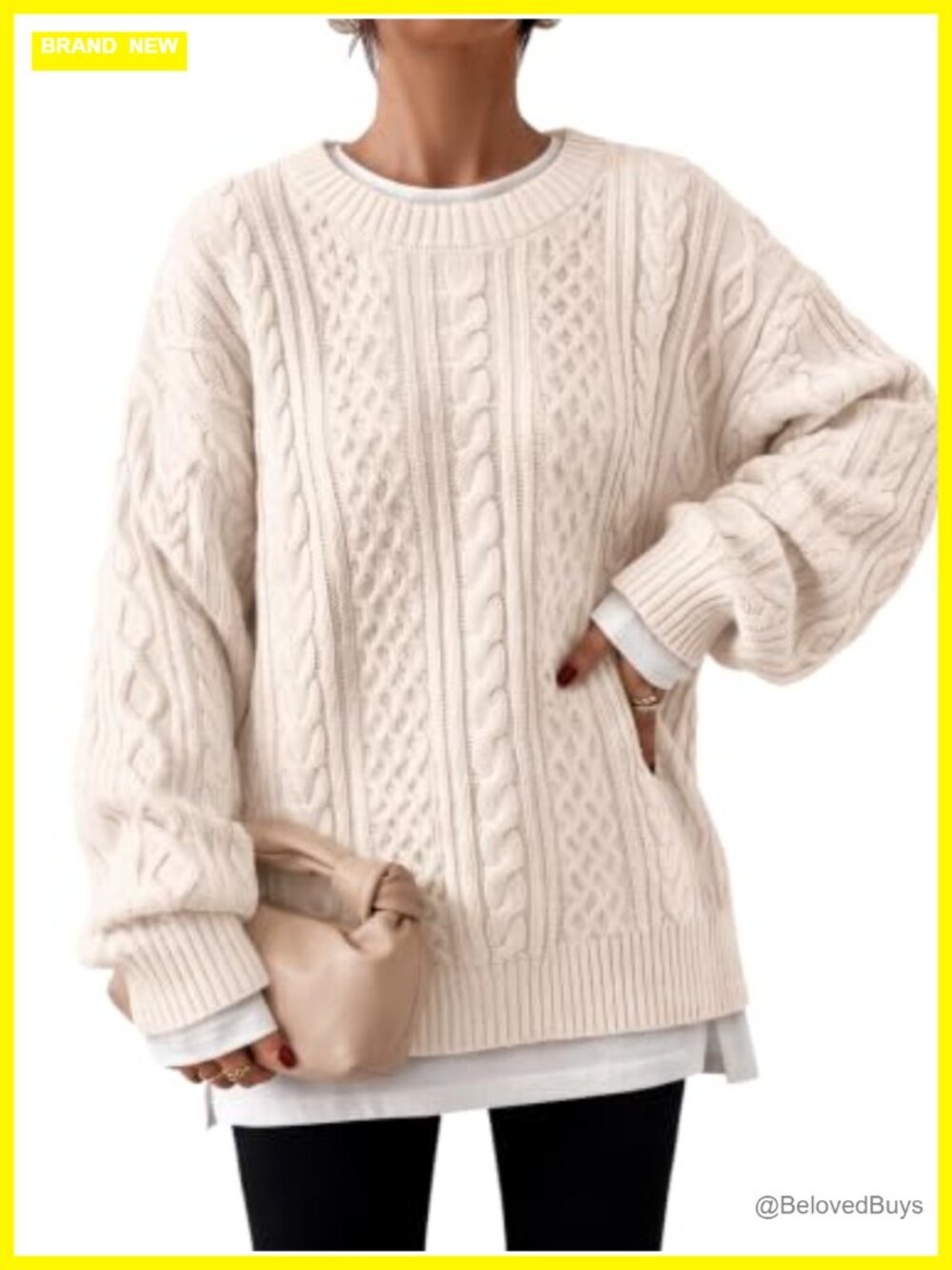 Oversized Cable Knit Chunky Pullover Sweater Cotton Blend Crew Neck